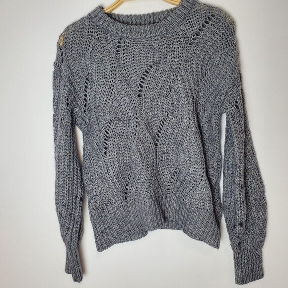 ASTR the Label Dora Pointelle Heather Grey Crew neck Knit Sweater puff sleeves - Picture 3 of 8